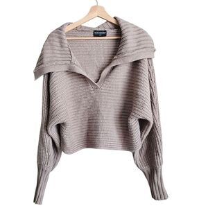 Kittenish Oversized Crop Taupe V-Neck Knit Sweater Size Large